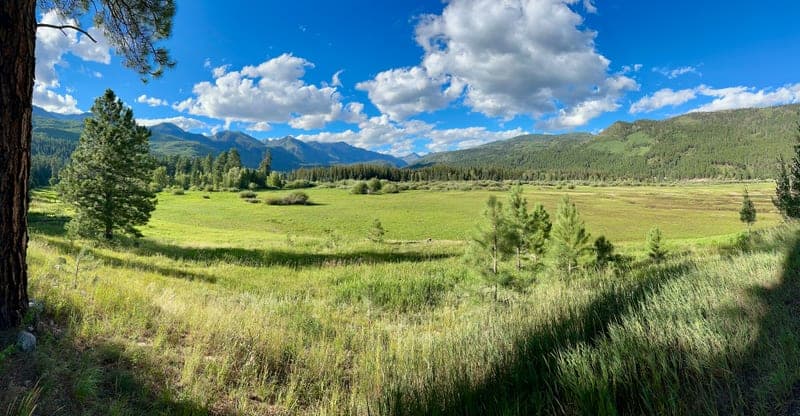 An open meadow running toward distant peaks under a bright sky.